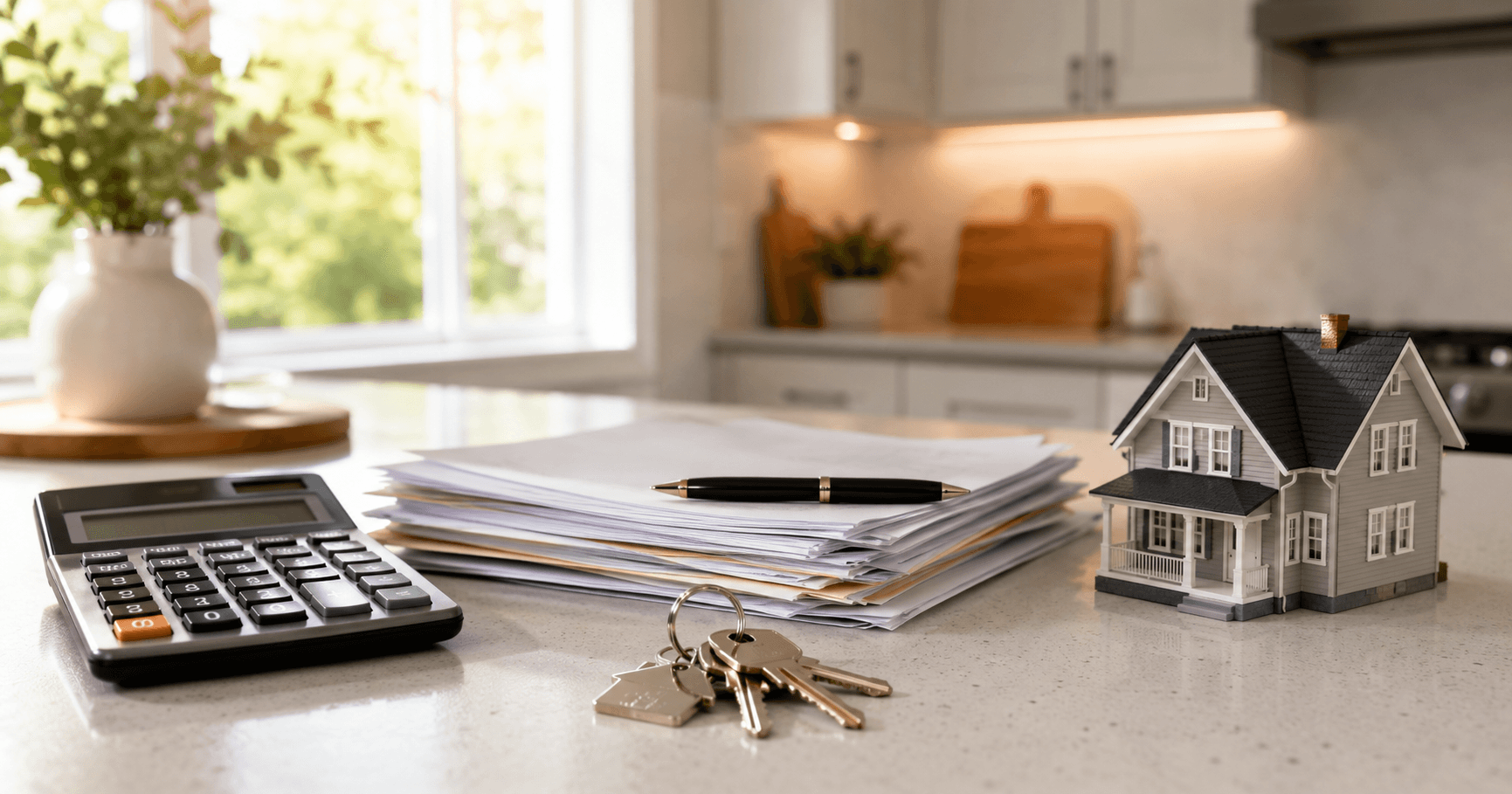 Young couple reviewing paperwork at a kitchen table