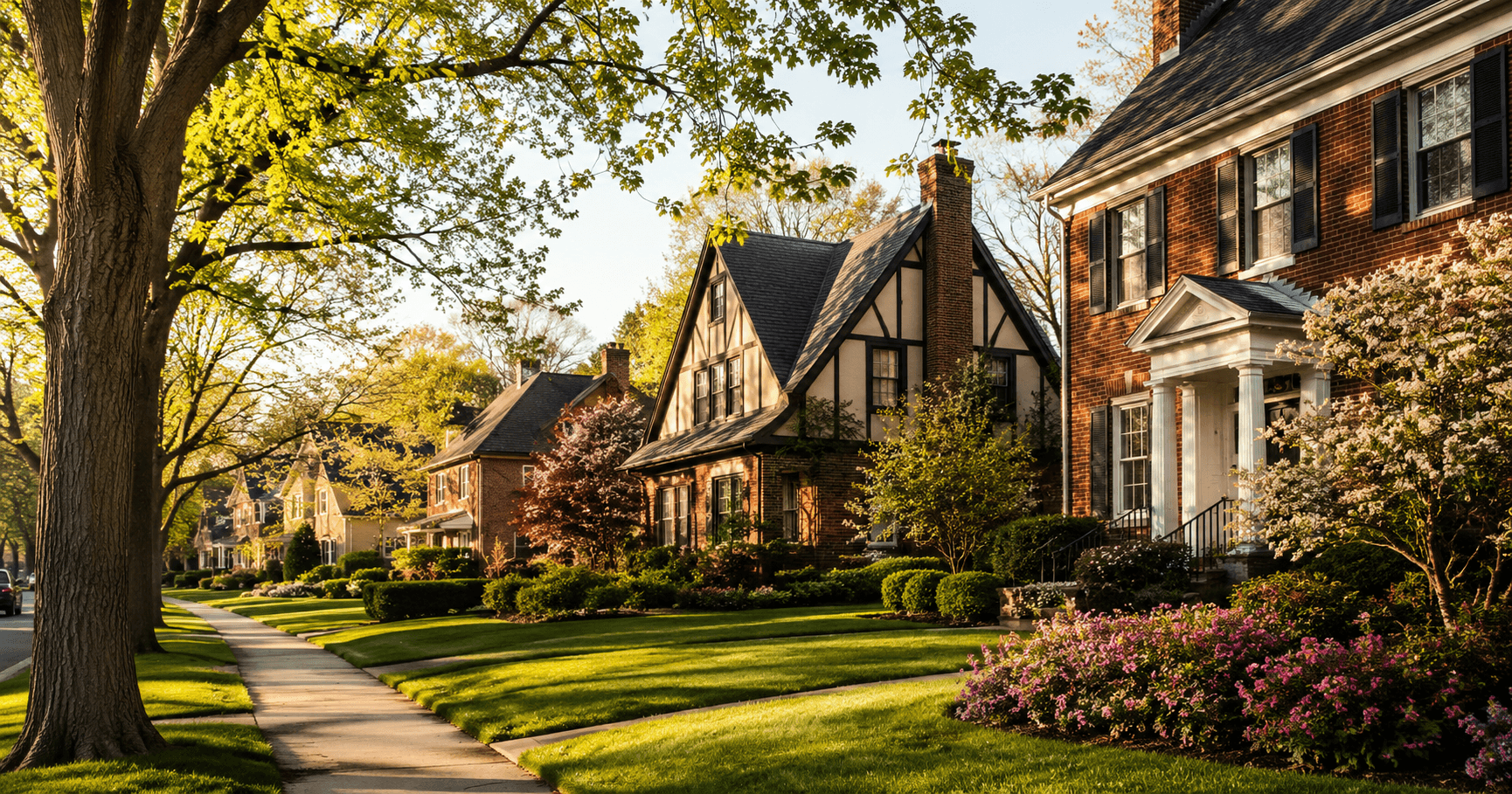 Suburban homes in spring with green lawns and flowering trees